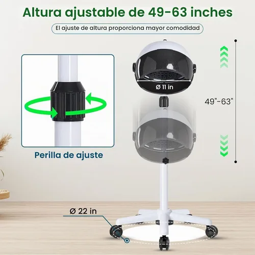 Vista 6 de Secador de pelo con capucha, secador de pelo vertical con capucha sobre ruedas, controles táctiles y tres temperaturas para elegir, secador vertical