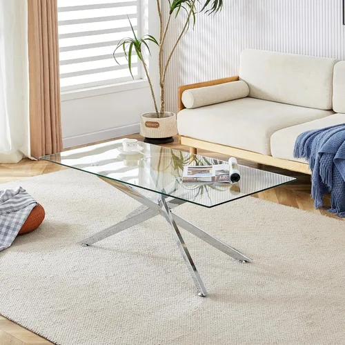 Vista 11 de Mesa de centro de cristal para sala de estar, moderna rectangular con parte superior de vidrio templado transparente y patas de metal, mesas de Negro