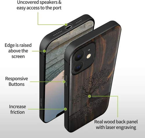 Vista 9 de Carveit Funda de madera para iPhone 12, árbol con raíces - Blackwood) Blackwood-12