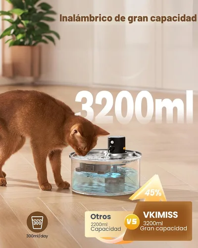 Vista 4 de Fuente de Agua Inalámbrica para Gatos Sin Cable: Fuente para Gatos Operada por Batería - Dispensador Automático de Agua para Mascotas de 108oz/3.2L