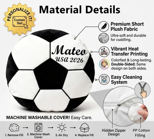 Vista 4 de Almohada de pelota de fútbol personalizada con número de nombre, regalo deportivo personalizado para niños y niñas, cojín de fútbol de felpa