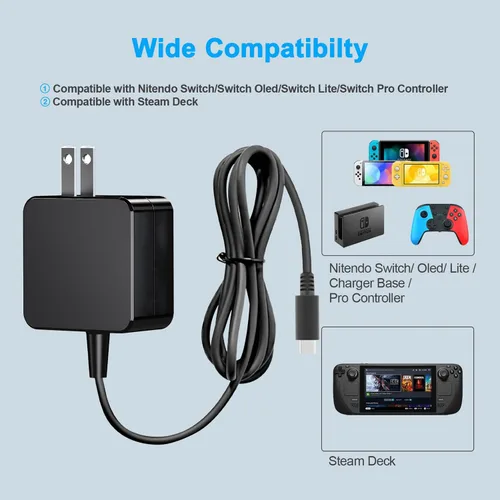 Vista 3 de Cargador de interruptor rápido compatible con Steam Deck y Nintendo Switch Adaptador de corriente USB C PD3.0 plegable de 45 W - 20 V/2.25 A