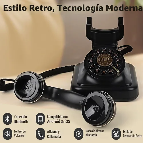 Vista 5 de Teléfono retro Bluetooth con altavoz, teléfono fijo Bluetooth, teléfono doméstico Bluetooth con alimentación recargable USB, llamadas manos libres