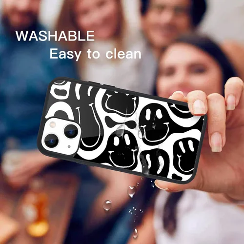 Vista 2 de Funda compatible con iPhone 13 para niños y mujeres, diseño divertido de cara, parte trasera dura con negro, divertido y lindo patrón de arte
