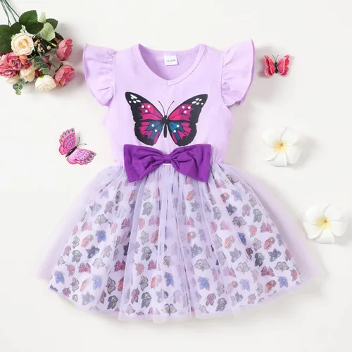 Vista 2 de Toddler Baby Girls Tutu Tulle Ruffle Sleeve Summer Casual Bowknot Princess Birthday Party Sundress 2-8 Years