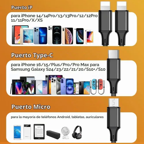 Vista 2 de Cable de carga múltiple, paquete de 2 cables de carga 4 en 1 de 4 pies para Negro