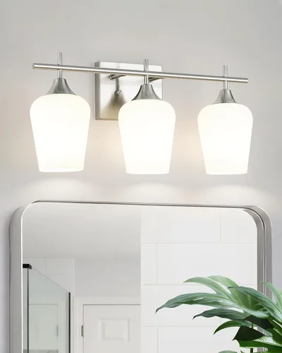 Vista 15 de WL9167-2C - Lámpara de baño de níquel cepillado de 15 pulgadas, lámpara moderna de pared de baño de granja con vidrio transparente