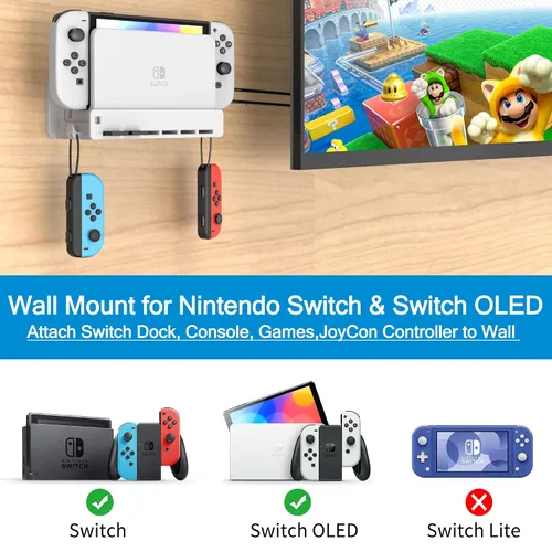 Vista 2 de SOKUSIN Wall Mount for Nintendo SwitchOLED - Wall Mount Kit Shelf Stand for Safely Store Your Console, Dock, Games, Controller NearBehind TV (White)