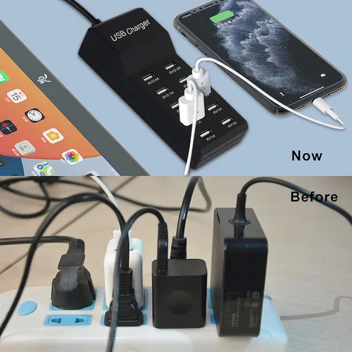 Vista 4 de Estación de carga USB de 50 W con 10 puertos USB inteligentes de tamaño familiar para múltiples dispositivos, teléfono inteligente, tableta