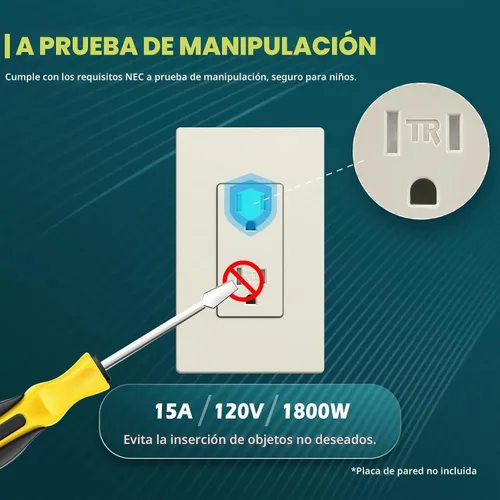 Vista 3 de TOPELER Paquete de 10 tomas decorativas, enchufes de pared estándar resistentes a manipulaciones de 15A 125V, autoconexión a tierra, 2 polos, 3
