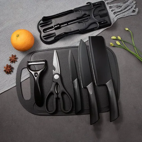 Vista 6 de Magicorange Juego de cuchillos de cocina de 7 piezas, 5 cuchillos de acero inoxidable negros con fundas, tabla de cortar y un bloque de cuchillos