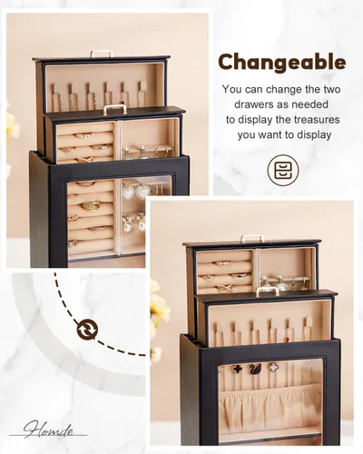 Vista 2 de Homde Organizador de joyas para niñas y mujeres, joyero para collares, anillos, aretes, regalo y pulseras (negro + dorado)