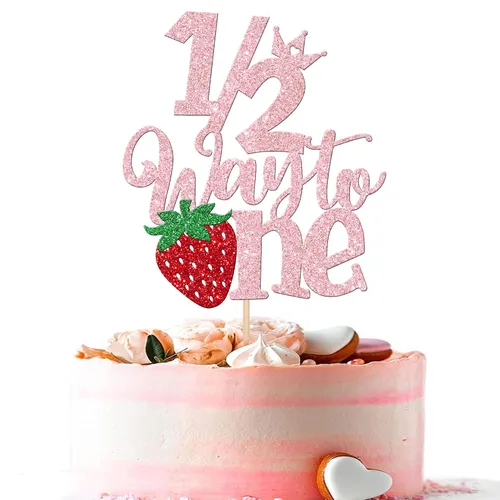 Vista 11 de 24 piezas de adornos para cupcakes de fresa, purpurina roja, temas de frutas, bayas y fresas, para verano, dulces, baby shower, fiesta