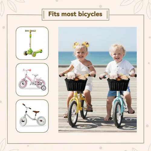 Vista 8 de Cesta de bicicleta para niños, canasta delantera para bicicleta para niños, pequeña cesta de mimbre para niños y niñas, cesta pequeña de mimbre