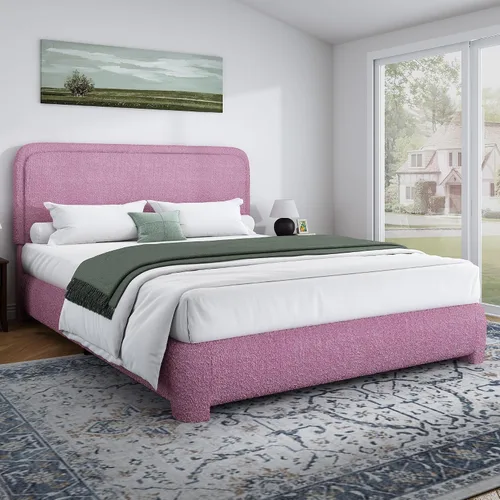 Vista 17 de Base de cama individual, cabecera Cloud Boucle, esquinas redondeadas, color beige
