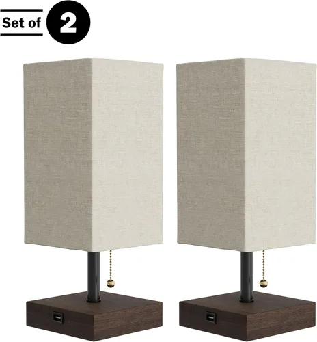 Vista 3 de Lavish Home Juego de lámpara de mesa pequeña con base de madera, juego de 2 luces rectangulares modernas con bombilla LED que incluye decoración