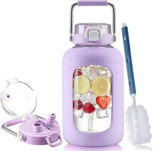 Vista 11 de BLUEGO Botella de agua de vidrio de 64 onzas con mango de acero inoxidable, botella de agua grande con marcadores de tiempo y funda de silicona Ámbar