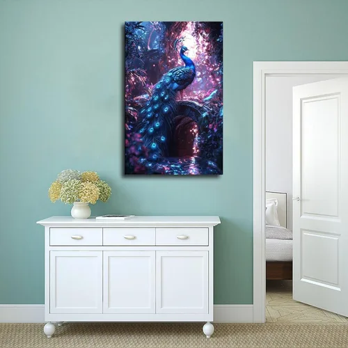 Vista 4 de XAHOR Cyber Peacock Temple Wall Art – Retro Futurism Fantasy Jungle Poster – Sci-Fi Bioluminescent Nature Print Canvas Poster Bedroom Decor Sports