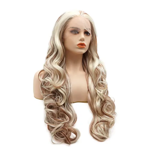 Vista 2 de Peluca de cabello sintético con encaje frontal, ondulado, largo, de 26 pulgadas, mezcla de castaño rojizo, densidad pesada, resistente al calor
