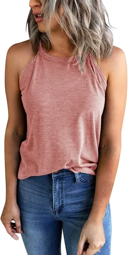 Vista 5 de Camiseta sin mangas para mujer, cuello alto, sin mangas, con espalda cruzada, estilo casual Verde militar