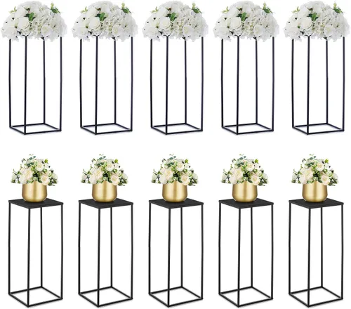 Vista 23 de Nuptio Jarrón de metal negro, 2 piezas de 15.7 pulgadas de alto, jarrones cilíndricos y cuadrados para centros de mesa, decoraciones para el hogar