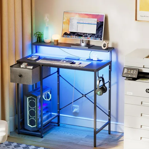 Vista 2 de X-cosrack Escritorio pequeño para juegos de 33.5 pulgadas con luces LED y soporte largo para monitor, escritorio compacto para computadora con tomas