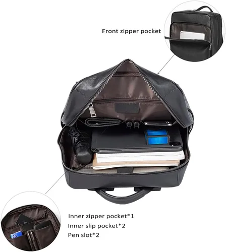 Vista 3 de Mochila para portátil de cuero genuino de 15.6 pulgadas para hombres y mujeres, mochila de viaje de negocios, mochila de senderismo (1#negro)