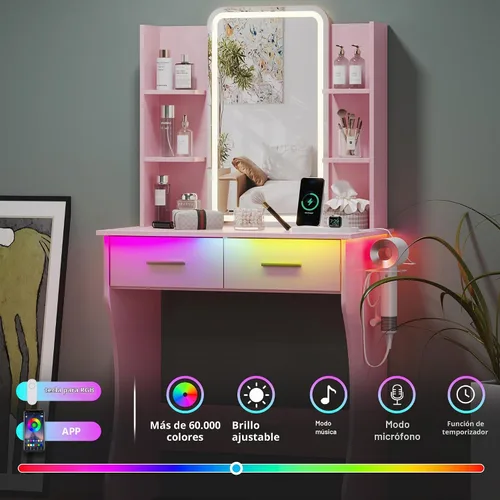 Vista 4 de HUANLEGO Pequeño escritorio rosa con espejo y luces para mujeres y niñas