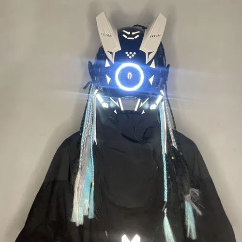 Vista 2 de LIGUOGUO Máscara punk brillante con luces LED máscara Cyberpunk para cosplay máscara negra Cyberpunk con trenzas máscara de tecnología futurista