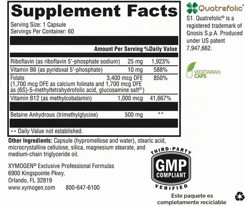 Vista 2 de XYMOGEN Methyl Protect - Fórmula de metilación óptima con folato de metilo, vitamina B12 (metilcobalamina b12), riboflavina + vitaminas B6