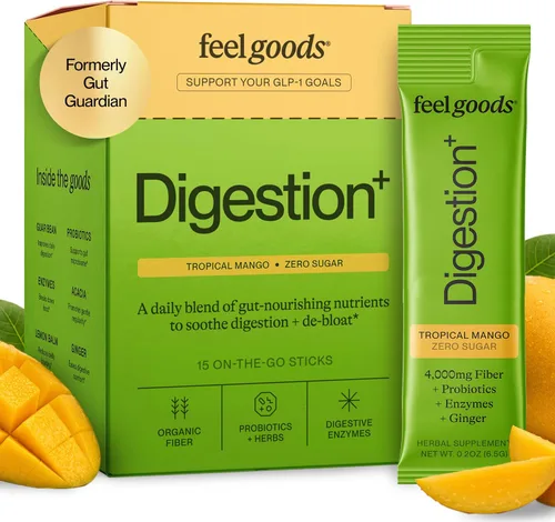 Vista 9 de Feel Goods Digestion+, salud intestinal, mezcla de fibra orgánica y probióticos, enzimas digestivas para alivio de la hinchazón, limpieza intestinal