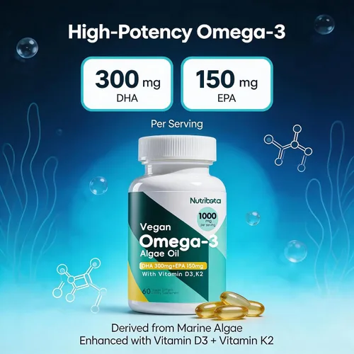 Vista 2 de Suplemento de aceite de algas omega-3 vegano con DHA 300 mg y EPA 150 mg, Omega-3 a base de plantas con vitamina D3 y K2, cápsulas blandas de aceite