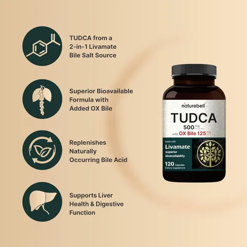 Vista 3 de TUDCA 500mg con bilis de buey 125mg por porción, 120 cápsulas – Soporte de sales biliares, fórmula de Livamate de alta absorción Suplemento