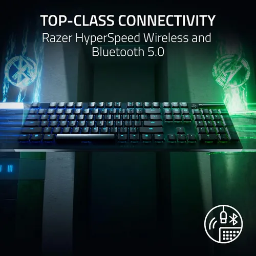Vista 3 de Razer DeathStalker V2 Pro Teclado inalámbrico para juegos interruptores ópticos de perfil bajo Clicky Purple - HyperSpeed Wireless & Bluetooth