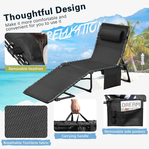 Vista 7 de Greesum Chaise Lounge Silla de bronceado plegable con respaldo ajustable de 5 posiciones, almohada desmontable y bolsillo exterior para piscina Negro