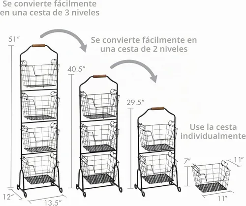 Vista 3 de Gourmet Basics by Mikasa Ferme Cesta de Mercado de Metal Ajustable de Pie de 2, 3 o 4 Niveles para Almacenamiento de Frutas y Hogar, Negro Antiguo