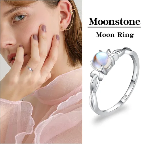 Vista 3 de Anillo de piedra lunar genuina para mujer, plata esterlina 925, arco iris, doble luna, infinito, anillo de compromiso de piedra lunar redonda