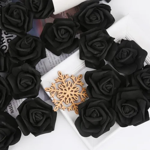 Vista 4 de IPOPU Cabezales de rosas artificiales, 100 rosas falsas de espuma negra de aspecto real para bricolaje, bodas, baby shower, centros de mesa 100