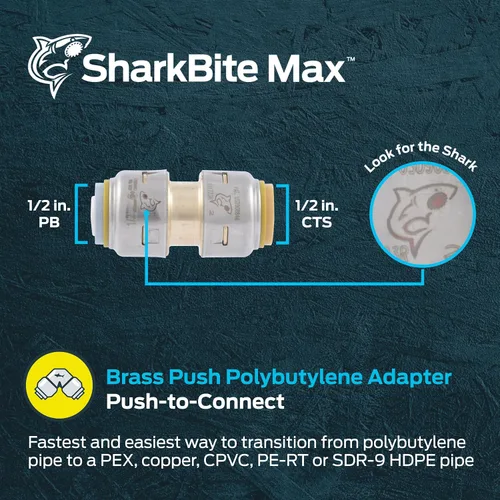 Vista 2 de SharkBite Acoplamiento de transición de polibutileno máximo de 1/2 pulgada, empuje para conectar accesorios de plomería de latón, tubo PEX, cobre