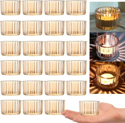 Vista 10 de GOLDEAL Portavelas ámbar Tealight, juego de 24 portavelas de vidrio grueso, portavelas votivas, para decoración de mesa de boda, suministros