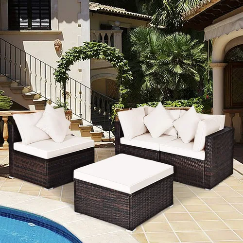 Vista 2 de HAPPYGRILL Juego de sofá de mimbre para patio de 4 piezas, moderno juego de sofá modular con cojines y almohadas lavables, juego de muebles de ratán