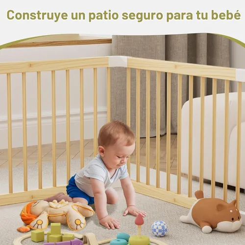 Vista 10 de Corralito grande de madera para bebés, puerta ajustable para niños pequeños y bebés, valla resistente, patio de juegos para bebés con puerta, área