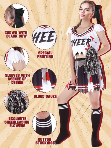 Vista 3 de Xtinmee Disfraz de animadora zombi de Halloween para mujeres y niñas, vestido de sangre sin animadoras, con pompones, cuerdas para el cabello