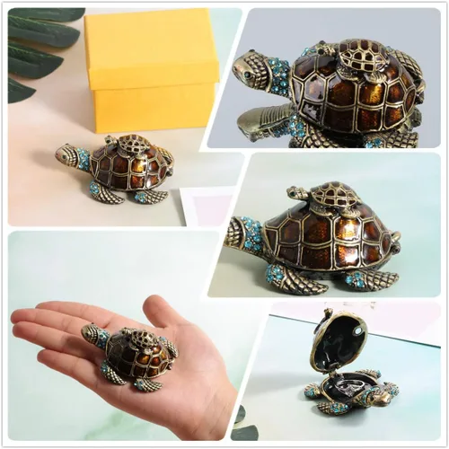 Vista 4 de Waltz&F Joyero de tortuga con cristales verdes claros brillantes, caja de baratijas con bisagras, figura pintada a mano, soporte para anillo