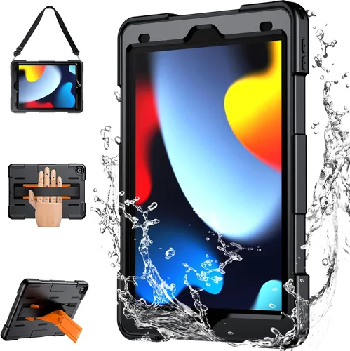 Vista 11 de Funda para iPad de 9ª generación de 10.2 pulgadas, grado militar, a prueba de caídas IP68, impermeable, con protector de pantalla, soporte y correa