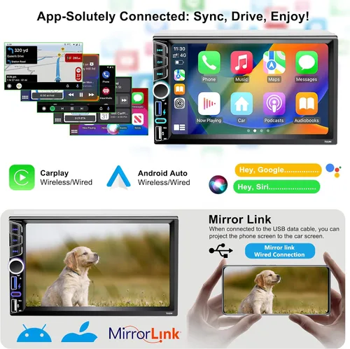 Vista 2 de Estéreo de coche doble DIN de 7 pulgadas compatible con Apple Carplay Android Auto inalámbrico Bluetooth 5.2 Salidas de 180 W Subwoofer FM