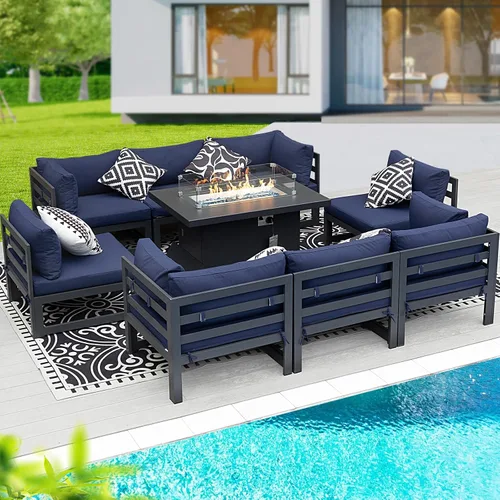 Vista 66 de BULEXYARD - Sofá modular de aluminio para exteriores con mesa para fogata, 7 piezas, color verde azulado
