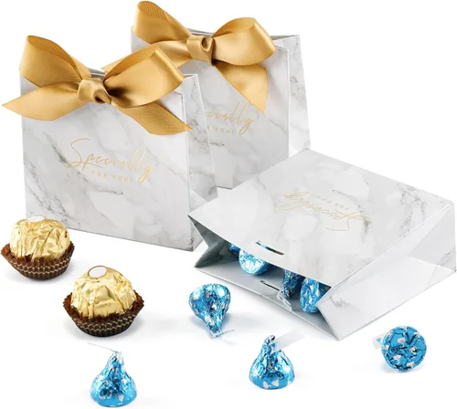 Vista 4 de Yoption 50 cajas de regalo de boda, pequeñas bolsas de regalo de agradecimiento, cajas de dulces con lazo dorado, boda, despedida de soltera, fiesta