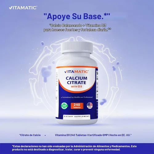 Vista 5 de Vitamatic Citrato de Calcio con Vitamina D3 – 240 Tabletas – Citrato de Calcio de Alta Absorción con D3 – Sin OGM, Sin Gluten