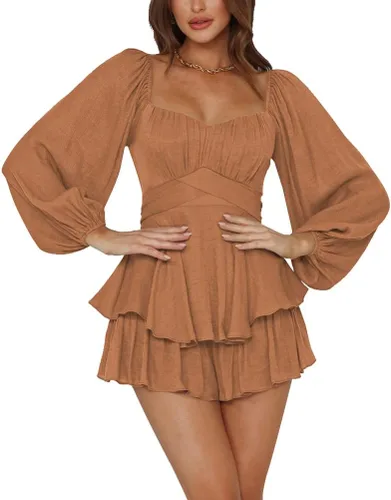Vista 41 de LYANER Mono de Mujer de Manga Farol Larga con Volantes en Capas y Lazo Mini Corto Romper